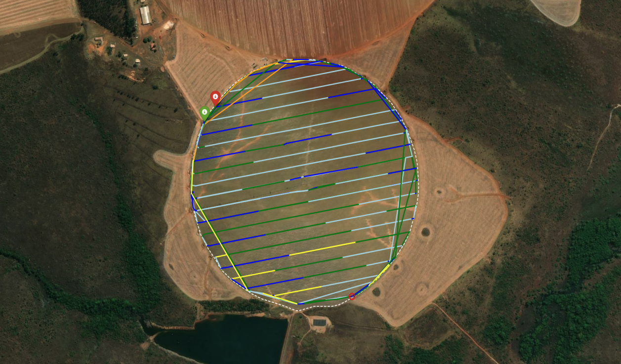 Trajeto do pulverizador no pivô central com mapa de velocidade por faixa
